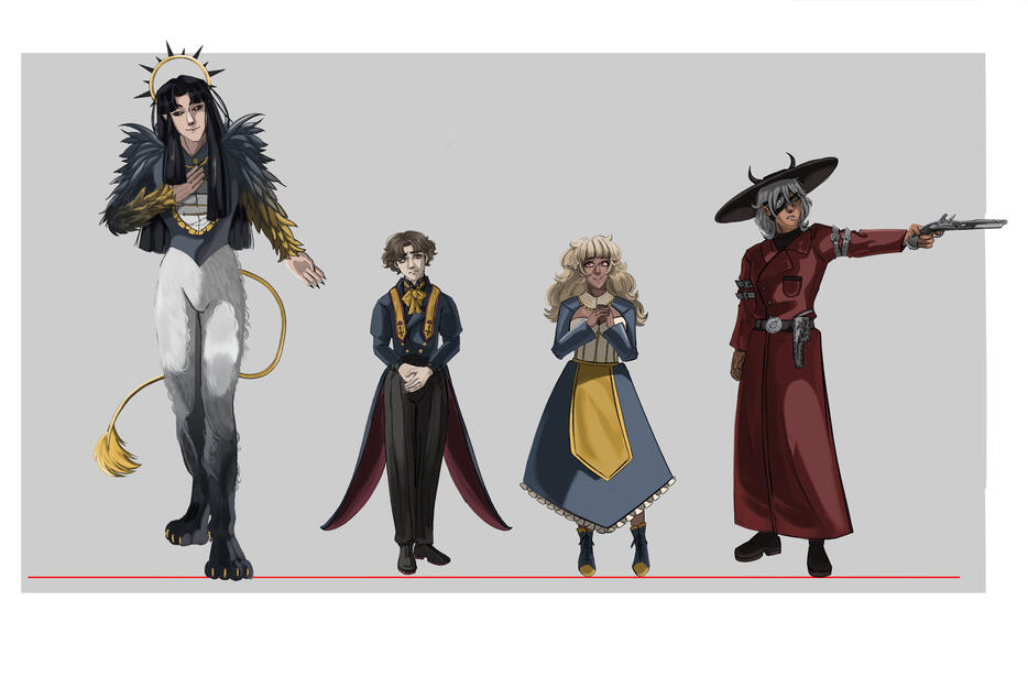 Character design from semester 2 Viz Dev - character line up of 4 characters